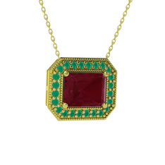 Esinti Dikdörtgen Kolye - Kök yakut ve kök zümrüt 14 ayar altın kolye (40 cm altın rolo zincir) #1g58w6a
