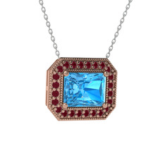 Esinti Dikdörtgen Kolye - Akuamarin ve kök yakut 8 ayar rose altın kolye (40 cm beyaz altın rolo zincir) #1gavg1t