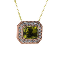 Esinti Dikdörtgen Kolye - Peridot ve pırlanta 14 ayar rose altın kolye (0.253 karat, 40 cm altın rolo zincir) #1goqayg
