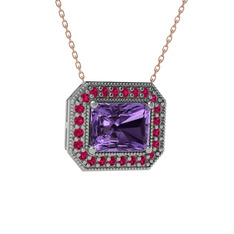 Esinti Dikdörtgen Kolye - Ametist ve rodolit garnet 14 ayar beyaz altın kolye (40 cm rose altın rolo zincir) #1gy6a51