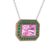 Pembe kuvars ve yeşil kuvars 8 ayar rose altın kolye (40 cm beyaz altın rolo zincir)