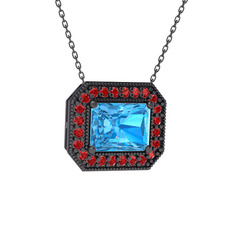 Esinti Dikdörtgen Kolye - Akuamarin ve garnet 925 ayar siyah rodyum kaplama gümüş kolye (40 cm gümüş rolo zincir) #1h5o6ed