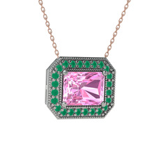 Esinti Dikdörtgen Kolye - Pembe kuvars ve kök zümrüt 18 ayar beyaz altın kolye (40 cm rose altın rolo zincir) #1hducyq