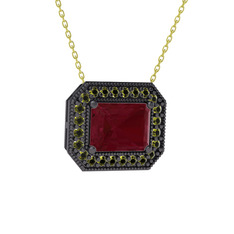 Esinti Dikdörtgen Kolye - Kök yakut ve peridot 925 ayar siyah rodyum kaplama gümüş kolye (40 cm altın rolo zincir) #1hfymrt