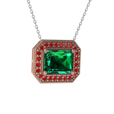 Esinti Dikdörtgen Kolye - Yeşil kuvars ve garnet 8 ayar rose altın kolye (40 cm beyaz altın rolo zincir) #1hgulpf
