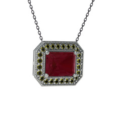 Kök yakut ve peridot 8 ayar beyaz altın kolye (40 cm gümüş rolo zincir)