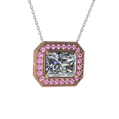 Esinti Dikdörtgen Kolye - Beyaz zirkon ve pembe kuvars 18 ayar rose altın kolye (40 cm beyaz altın rolo zincir) #1i0u4w4