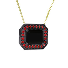 Siyah zirkon ve garnet 925 ayar siyah rodyum kaplama gümüş kolye (40 cm altın rolo zincir)