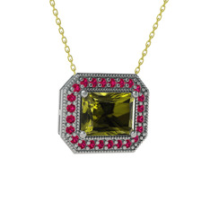 Peridot ve rodolit garnet 18 ayar beyaz altın kolye (40 cm altın rolo zincir)
