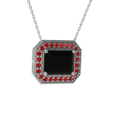 Esinti Dikdörtgen Kolye - Siyah zirkon ve garnet 14 ayar beyaz altın kolye (40 cm beyaz altın rolo zincir) #1irxuhb