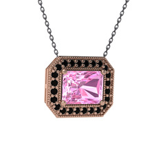 Esinti Dikdörtgen Kolye - Pembe kuvars ve siyah zirkon 18 ayar rose altın kolye (40 cm gümüş rolo zincir) #1j7mx75