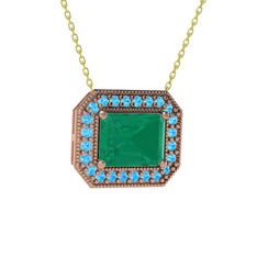 Esinti Dikdörtgen Kolye - Kök zümrüt ve akuamarin 8 ayar rose altın kolye (40 cm altın rolo zincir) #1jj05s1