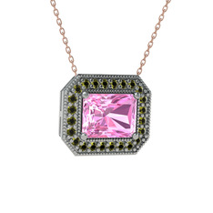 Esinti Dikdörtgen Kolye - Pembe kuvars ve peridot 18 ayar beyaz altın kolye (40 cm rose altın rolo zincir) #1jmbmh0