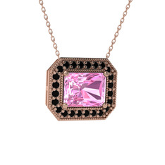Esinti Dikdörtgen Kolye - Pembe kuvars ve siyah zirkon 8 ayar rose altın kolye (40 cm rose altın rolo zincir) #1jn16tt
