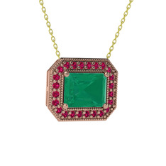 Esinti Dikdörtgen Kolye - Kök zümrüt ve rodolit garnet 925 ayar rose altın kaplama gümüş kolye (40 cm altın rolo zincir) #1js48rp
