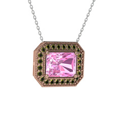 Esinti Dikdörtgen Kolye - Pembe kuvars ve peridot 18 ayar rose altın kolye (40 cm gümüş rolo zincir) #1jvrcmz