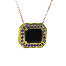 Esinti Dikdörtgen Kolye - Siyah zirkon ve ametist 8 ayar altın kolye (40 cm gümüş rolo zincir) #1jw83w5