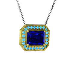 Lab safir ve akuamarin 8 ayar altın kolye (40 cm gümüş rolo zincir)