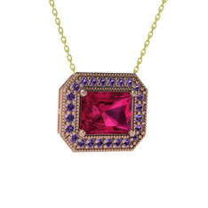 Esinti Dikdörtgen Kolye - Rodolit garnet ve ametist 18 ayar rose altın kolye (40 cm altın rolo zincir) #1k3dwye