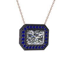 Swarovski ve lab safir 925 ayar siyah rodyum kaplama gümüş kolye (40 cm rose altın rolo zincir)