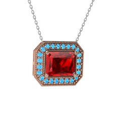 Garnet ve akuamarin 18 ayar rose altın kolye (40 cm beyaz altın rolo zincir)