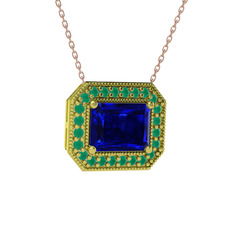 Esinti Dikdörtgen Kolye - Lab safir ve kök zümrüt 8 ayar altın kolye (40 cm rose altın rolo zincir) #1l24iwe