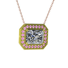 Swarovski ve pembe kuvars 18 ayar altın kolye (40 cm rose altın rolo zincir)