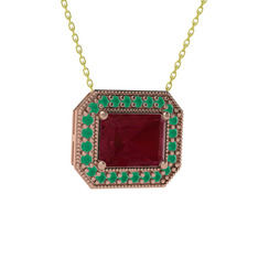 Esinti Dikdörtgen Kolye - Kök yakut ve kök zümrüt 14 ayar rose altın kolye (40 cm gümüş rolo zincir) #1lbhmcs