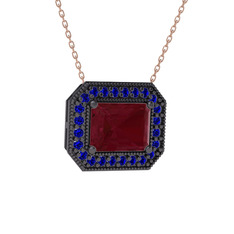 Kök yakut ve lab safir 925 ayar siyah rodyum kaplama gümüş kolye (40 cm rose altın rolo zincir)