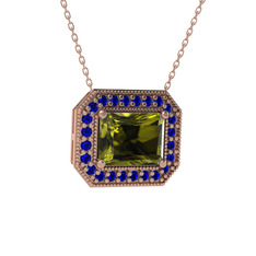 Esinti Dikdörtgen Kolye - Peridot ve lab safir 14 ayar rose altın kolye (40 cm rose altın rolo zincir) #1lh1rxh