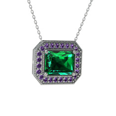 Esinti Dikdörtgen Kolye - Yeşil kuvars ve ametist 925 ayar gümüş kolye (40 cm gümüş rolo zincir) #1lhhxxv