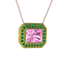 Esinti Dikdörtgen Kolye - Pembe kuvars ve yeşil kuvars 18 ayar altın kolye (40 cm gümüş rolo zincir) #1lraltu