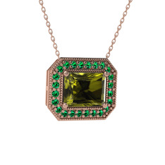 Peridot ve yeşil kuvars 14 ayar rose altın kolye (40 cm rose altın rolo zincir)