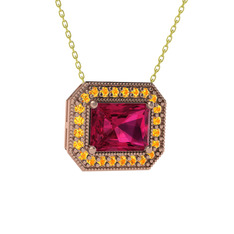 Esinti Dikdörtgen Kolye - Rodolit garnet ve sitrin 18 ayar rose altın kolye (40 cm gümüş rolo zincir) #1ma8zqx