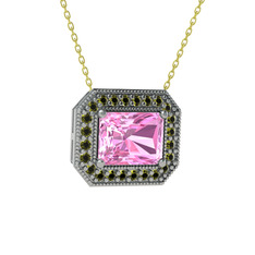 Esinti Dikdörtgen Kolye - Pembe kuvars ve peridot 925 ayar gümüş kolye (40 cm altın rolo zincir) #1msilr