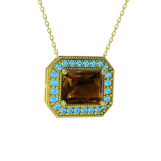 Dumanlı kuvars ve akuamarin 14 ayar altın kolye (40 cm altın rolo zincir)