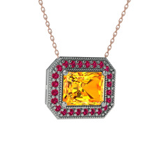 Sitrin ve rodolit garnet 18 ayar beyaz altın kolye (40 cm rose altın rolo zincir)