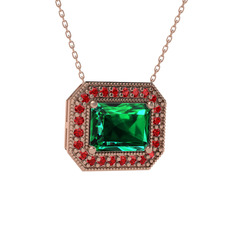 Esinti Dikdörtgen Kolye - Yeşil kuvars ve garnet 8 ayar rose altın kolye (40 cm rose altın rolo zincir) #1ntye4u