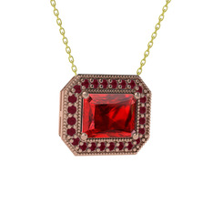 Esinti Dikdörtgen Kolye - Garnet ve kök yakut 14 ayar rose altın kolye (40 cm altın rolo zincir) #1ortocl