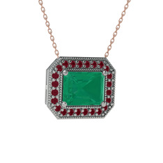 Esinti Dikdörtgen Kolye - Kök zümrüt ve kök yakut 18 ayar beyaz altın kolye (40 cm rose altın rolo zincir) #1otfhzp