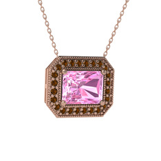 Esinti Dikdörtgen Kolye - Pembe kuvars ve dumanlı kuvars 8 ayar rose altın kolye (40 cm rose altın rolo zincir) #1p0e740