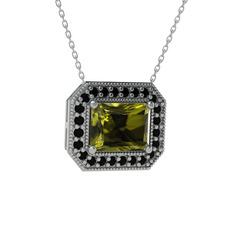 Peridot ve siyah zirkon 925 ayar gümüş kolye (40 cm beyaz altın rolo zincir)