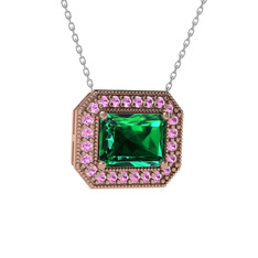 Yeşil kuvars ve pembe kuvars 18 ayar rose altın kolye (40 cm gümüş rolo zincir)