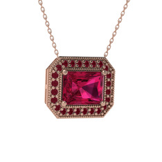 Rodolit garnet ve kök yakut 8 ayar rose altın kolye (40 cm rose altın rolo zincir)