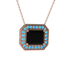 Esinti Dikdörtgen Kolye - Siyah zirkon ve akuamarin 14 ayar rose altın kolye (40 cm rose altın rolo zincir) #1pievsf
