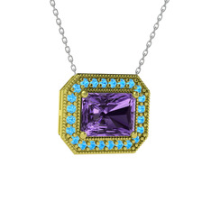 Esinti Dikdörtgen Kolye - Ametist ve akuamarin 925 ayar altın kaplama gümüş kolye (40 cm beyaz altın rolo zincir) #1pppwmc