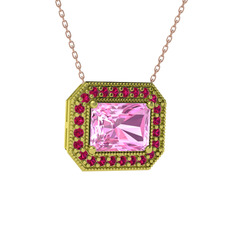 Esinti Dikdörtgen Kolye - Pembe kuvars ve rodolit garnet 925 ayar altın kaplama gümüş kolye (40 cm gümüş rolo zincir) #1pw4401