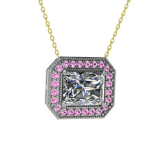 Swarovski ve pembe kuvars 14 ayar beyaz altın kolye (40 cm gümüş rolo zincir)