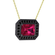 Esinti Dikdörtgen Kolye - Rodolit garnet ve siyah zirkon 925 ayar siyah rodyum kaplama gümüş kolye (40 cm altın rolo zincir) #1qdkzkh