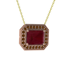 Esinti Dikdörtgen Kolye - Kök yakut ve dumanlı kuvars 8 ayar rose altın kolye (40 cm altın rolo zincir) #1qiqbry